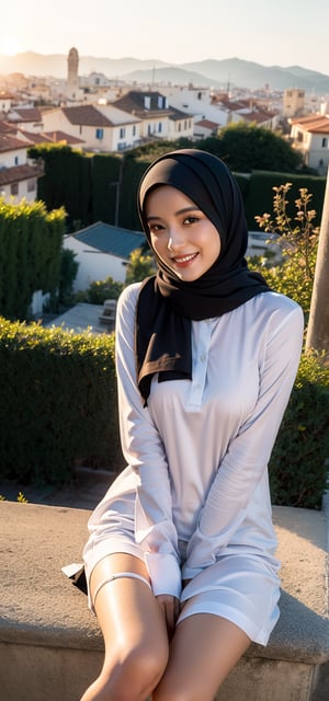 Svitore and in shirt attire with blue and brown hijab, perfect face, ,perfect body, nice girl body, spread leg, shot of sexy beautiful girl, innocent, light smile, sunset view, idol posing, sitting with long legs, beautiful leg, show pussy