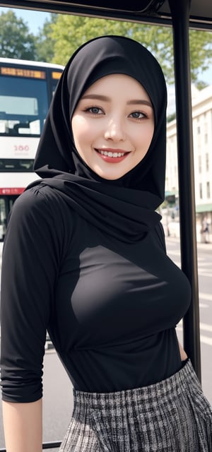 Best quality, masterpiece, photorealistic, ultra high res, 8K raw photo, beautifull face,  hijab, flower clothes , happy innocent smiling, ((Perfect Face)), ((Sexy Face)), brunette, Anders Zorn, full shot of a beautiful girl ,detailed skin, detailed background, finely detailed, 8k uhd, dslr, detailed fingers, at bus stop waiting bus, skintight, full_body, slim, pants