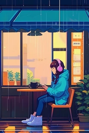 lofi anime, 1 girl,Wearing headphone street fashion, sitting in coffee shop, rainy days, windows,lofi style,Pixel Art,lofi,flat design,illustration,anime,anime style