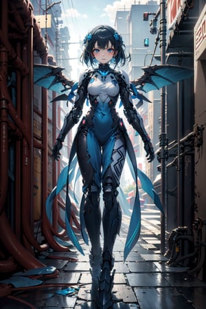 (masterpiece, best quality:1.4), ultra-detaileda 1 girl, blue hair , mecha armor , wings  castl,futurstic armor,RedHoodWaifu