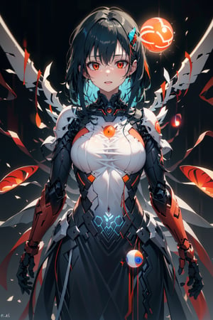 (masterpiece, best quality:1.4), ultra-detaileda 1 girl, (blue hair1.4) , mecha armor , wings  (red orb core:1.4)(orange clothes:1.3),futurstic armor,RedHoodWaifu