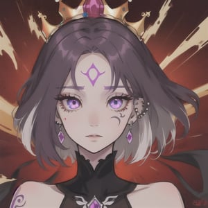 short hair, dark purple hair, grey eye, horn, crown, gem iring, forehead mark, center_opening, center, flowing eyes, cheek tattoo, two-tone_hair, piercing 