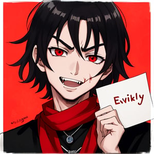 short hair, black hair, red eyes, smirking, evil smirk, evily, fangs, 1boy, 1boys, portrait, tilt, tilting, head tilt, tilting head, bleed, blood, evil eyes, evil stare, red shape background, mouth open, open mouth, laugh, evil laugh, necklace, black shirt, scarf, fans sign, hold blank paper, paper, empty paper, fan sign, fan sign, one paper, showing paper, show paper, center, opening center 