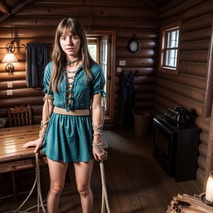 Scared girl, pretty face, young teen, non consent. Forced, full body in shot.  Photo realistic,  hyperrealistic,  8k, sher summer dress has been ripped apart, she is bound with rope, tied up, she is in a log cabin in the woods., there is bdsm equipment around the cabin, big dildos are on the table
