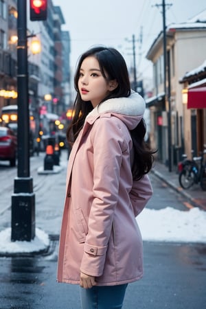 cute girl, long hair, fashion coat, pink winter coat, Jeans, standing looking up at the sky as snow is falling, winter city, cloudy, 4K, ultra HD, RAW photo, realistic, masterpiece, best quality, beautiful skin, white skin, 50mm, medium shot, outdoor, half body, photography, Portrait, ,chinatsumura, high fashion, snowflakes