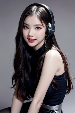 warm light room Beautiful woman with silver long hair against a grey background.over-the-ear headphones Smile,black tights top,Girl