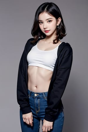 4k,best quality,masterpiece,20yo 1girl,(cropped sweatshirt),(demin pant), alluring smile, open hoodie,

(Beautiful and detailed eyes),
Detailed face, detailed eyes, double eyelids ,thin face, real hands, muscular fit body, semi visible abs, ((short hair with long locks:1.2)), black hair, black background,


real person, color splash style photo,
