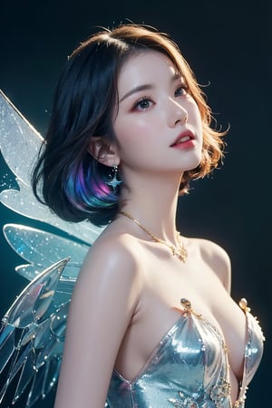 (masterpiece, best quality, CGI, official art:1.2), (stunning celestial being:1.3), (iridescent wings:1.4), shimmering silver hair, piercing sapphire eyes, gentle smile, (luminous aura:1.2), soft focus, whimsical atmosphere, serene emotion, dreamy tone, vibrant intensity, inspired by Hayao Miyazaki's style, ethereal aesthetic, pastel colors with (soft pink accents:1.1), warm mood, soft golden lighting, diagonal shot, looking up in wonder, surrounded by (delicate clouds:1.1) and (shimmering stardust:1.2), focal point on the being's face, intricate textures on wings and clothes, highly realistic fabric texture, atmospheric mist effect, high image complexity, detailed environment, subtle movement of wings, dynamic energy.