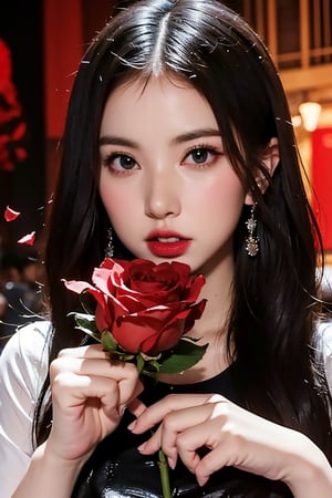  beautiful red roses and an explosion of red rose petals, creating a stunning scene that captures the essence of the celebration. a beautiful cute young attractive aussie teenage girl, village girl, 18 years old, cute, Instagram model, long brunette hair, big eyes,