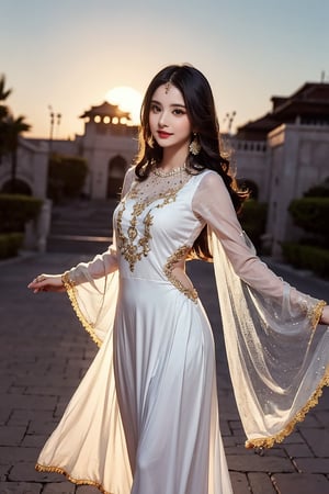 Choose a flowy Anarkali suit in soft pastel hues adorned with delicate embellishments for ethereal beauty,twirl your dupatta against the backdrop of a setting sun, embodying grace and serenity,looking into camera,cute smile,black hair,black eyes