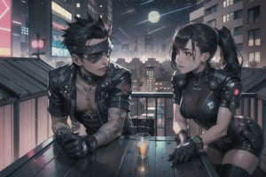 A boy and a girl on a rooftop balcony in a cyberpunk punk city during a starry night 