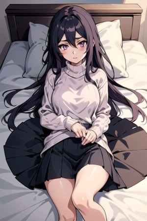 anime, girl, long_hair, pink_eyes, black_hair, sweater, long_skirt, lying, bed