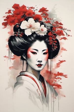 beautiful geisha, human focus, look viewer, face only, front view, white background, red theme, muted color, ink art