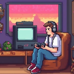 pixel art style, (best quality), (masterpiece), (detailed),   A white 
man looking at tv with headphones and video game controller in his hands playing online 