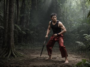 one warrior man, full body, ((full-body)), very detailed face, ((dirty face)) wearing traditional pencak silat clothing, (( pencak sialat)), preparing to fight,  jungle background with  jungle, cinematic, ultra HD