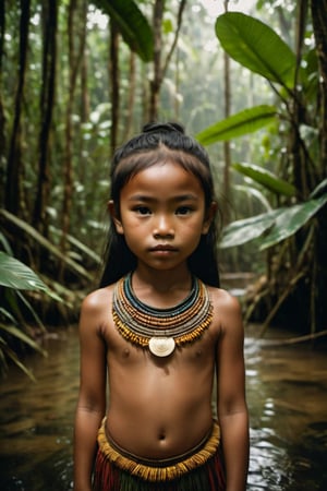 cinematic film, Full body portrait of a Dayak girl in the rainforest, Kalimantan forest with a water in the background, ambient light, cinematic, ultra realistic, Nikon 15mm f/1.8G, by Alessio Albi, by Annie Leibowitz, by Lee Jeffries