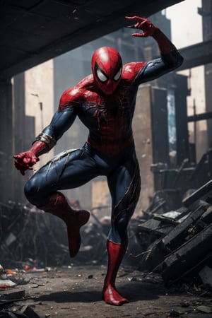 Spiderman full body, fighting pose, best quality, Hi-Tech, 8k, damaged, scratched and torn armor