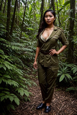 an Indonesian Javanese woman, in a dense forest, full body, highly detailed face, visible pores, wearing military uniform, sexy body, cinematic, very realistic