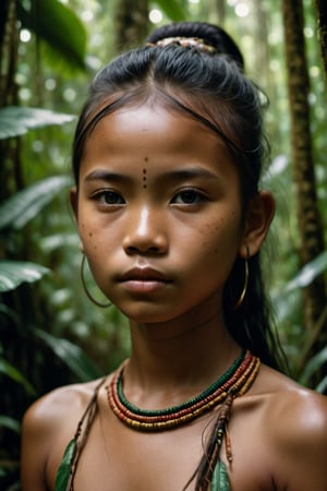 cinematic film, Full body portrait of a Dayak girl in the rainforest, Kalimantan forest with a water in the background, ambient light, cinematic, ultra realistic, Nikon 15mm f/1.8G, by Alessio Albi, by Annie Leibowitz, by Lee Jeffries