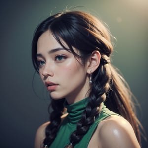 Protrait, photograph, androgynous hunnuman, oval jaw, delicate features, beautiful face, 16 year old, dreadlocked hair, long bangs, long ponytail, bright blue-green eyes, cinematic art, Indonesian