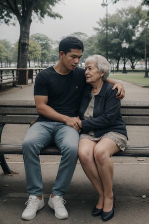 portrait of a young man from Indonesian ,with an old grandmother, sitting on a park bench, very affectionate, full body, very realistic, cinematic 8k