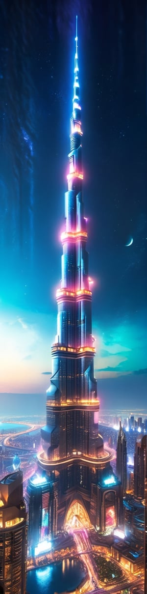 (masterpiece, top quality, best quality, official art, beautiful and aesthetic:1.2), Burj Khalifa in a cyberpunk city in a cyberpunk theme, moonlit night, starry night, cinematic lighting, extremely detailed, highest detailed, detailed_eyes, cyberpunk style