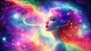 reflective psychedelic hair of a beautiful alien woman with hair made out of fine colorful translucent strings, clear, smooth, detailed, majestic, serene, surreal, starry sky, beautiful enigmatic surroundings. DeepJourney