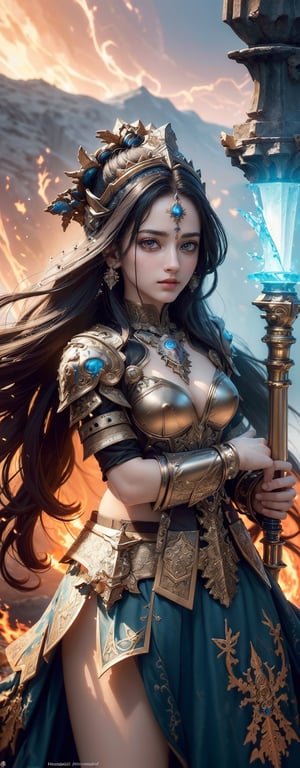 (masterpiece, top quality, best quality, official art, beautiful and aesthetic:1.2), (1girl), (warrior girl with armor and a sword), extreme detailed,(abstract, fractal art:1.3), colorful hair, highest detailed, detailed_eyes, fire, water, ice, lightning, light_particles, ghost,Indian