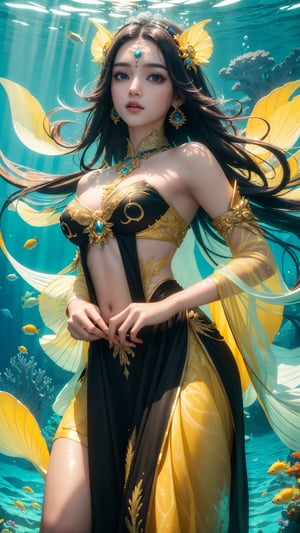 (masterpiece, top quality, best quality, official art, beautiful and aesthetic:1.2), (1girl), (A beautiful girl wearing a beautiful transparent yellow, cyan and black long gown), underwater, god rays coming down, cinematic lighting, colorful various kinds of fishes swimming by, colorful ocean vegetation, contrast, extremely detailed,(abstract, fractal art:1.3), colorful flowing hair, magical, brightly light source, highest detailed, detailed_eyes, (underwater), Indian