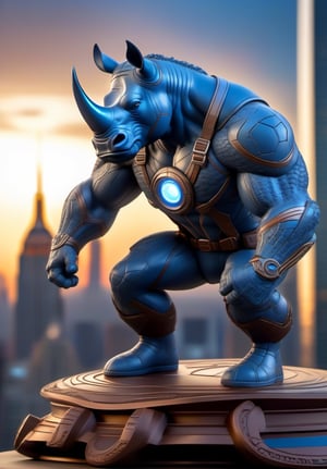 Rhino made of Captain America on roof corner, insane detail, luxury, intricate carving, intricate lines, Zbrush, 3D, 8K (best quality:1.33), 1Spiderman, skyscrapers in the background, starry night sky, cinematic lighting, blue orb in the background, SteelHeartQuiron character, a light streak and an open portal in the background, steampunk style