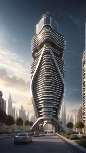 Create a photorealistic Omega-shaped futuristic apartment tower