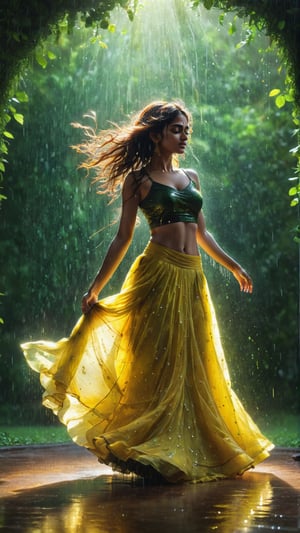 (masterpiece, best quality:1.2), 1girl, an abstract image of an Indian girl wearing a long flowing yellow lehenga and black choli, dancing in the heavy rain as if nobody is watching, long hair flowing, a painting depicting freedom and bliss, spotlight, light particles swirling, extremely detailed, dynamic background, 8k resolution, looking away, one nice light source over the face, greenery around, serene environment, bright green leaves shining, light reflecting from the droplets of rain, ultra-high resolution, photographic light, full body, illustration by MSchiffer, fairytale, sunbeams, best quality, best resolution, cinematic lighting, Hyper detailed, Hyper-realistic, masterpiece, atmospheric, high resolution, vibrant, dynamic studio lighting, wlop, Glenn Brown, Carne Griffiths, Alex Ross, artgerm and james jean, spotlight, fantasy, surreal,A girl dancing 