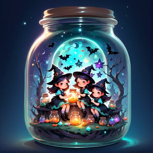 Ethereal Fantasy Concept Art: A magnificent, celestial, and painterly representation of a dreamy and magical fantasy world of cute little witches, ,in a jar