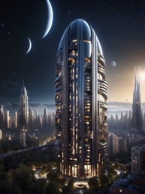 Create a photorealistic Omega-shaped futuristic apartment tower, cinematic lighting, night sky, starry night, orb like moon, 