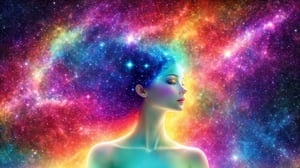 reflective psychedelic hair of a beautiful alien woman with hair made out of fine colorful translucent strings, clear, smooth, detailed, majestic, serene, surreal, starry sky, beautiful enigmatic surroundings.
,DeepJourney