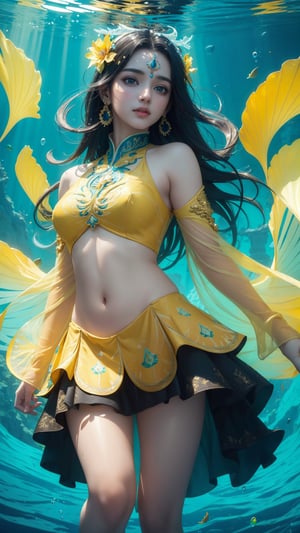 (masterpiece, top quality, best quality, official art, beautiful and aesthetic:1.2), (1girl), (A beautiful girl wearing a beautiful transparent yellow, cyan and black gown), underwater, god rays coming down, cinematic lighting, colorful various kinds of fishes swimming by, colorful ocean vegetation, contrast, extremely detailed,(abstract, fractal art:1.3), colorful flowing hair, magical, brightly light source, highest detailed, detailed_eyes, (underwater), Indian