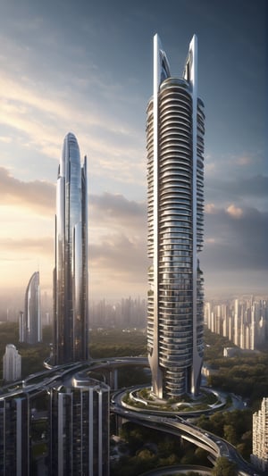 Create a photorealistic Omega logo shaped vertical futuristic apartment tower