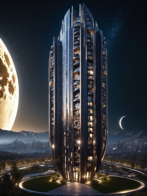 Create a photorealistic very unique futuristic apartment tower, cinematic lighting, night sky, starry night, orb like moon, 