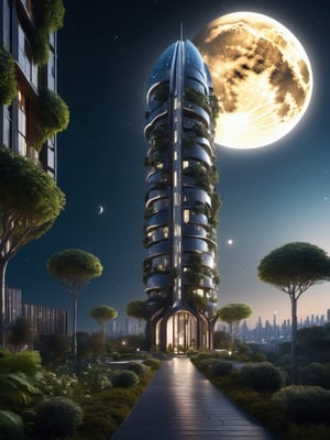 Create a photorealistic unique futuristic apartment tower, an architectural marvel, unique architecture, cinematic lighting, night sky, starry night, full moon night, the architectural design includes nature and vegetation to aid balance,