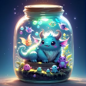 Ethereal Fantasy Concept Art: A magnificent, celestial, and painterly representation of a dreamy and magical fantasy world of cute monsters playing ,in a jar,photo r3al