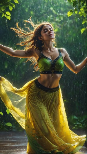 (masterpiece, best quality:1.2), 1girl, an Ukrainian girl wearing a long flowing yellow lehenga and black choli, dancing in the heavy rain as if nobody is watching, long hair flowing, a painting depicting freedom and bliss, spotlight, light particles swirling, extremely detailed, dynamic background, 8k resolution, looking away, one nice light source over the face, greenery around, serene environment, bright green leaves shining, light reflecting from the droplets of rain, ultra-high resolution, photographic light, full body, illustration by MSchiffer, fairytale, sunbeams, best quality, best resolution, cinematic lighting, Hyper detailed, Hyper-realistic, masterpiece, atmospheric, high resolution, vibrant, dynamic studio lighting, wlop, Glenn Brown, Carne Griffiths, Alex Ross, artgerm and james jean, spotlight, fantasy, surreal,A girl dancing 