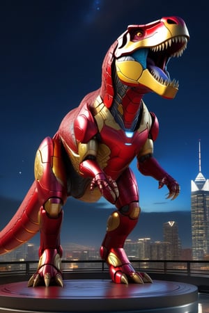 T Rex wearing an adaptation of the Ironman suit, standing on big round steel platform, Ironman suit colors, the T Rex in Ironman suit, red and gold Ironman suit colors, insane detail, luxury, intricate carving, intricate lines, Zbrush, 3D, 8K (best quality), skyscrapers in the background, starry night sky, cinematic lighting, blue orb in the background, SteelHeartQuiron character