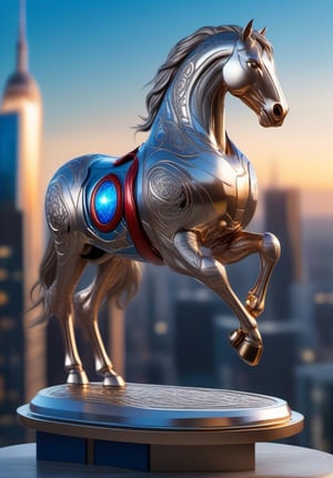 A horse made for Ironman on the roof corner, shiny metal look, insane detail, luxury, intricate carving, intricate lines, Zbrush, 3D, 8K (best quality:1.33), 1Spiderman, futuristic skyscrapers in the background, starry night sky, cinematic lighting, blue orb in the background, SteelHeartQuiron character