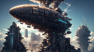 Ultra-high resolution, ultra detailed, SteampunkStyle cute airship fly-over cityscape, white-clouds, cityscape, smoking jet, fun, cinematic lighting, beautiful, kawaii, high_detailed, creative, scenery, 3d movie, high_res, Blue sky,(blow out steam:1.3)