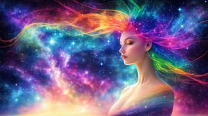 reflective colorful hair of a beautiful alien woman with hair made out of fine colorful translucent strings, clear, smooth, detailed, majestic, serene, surreal, starry sky, and beautiful enigmatic surroundings. DeepJourney