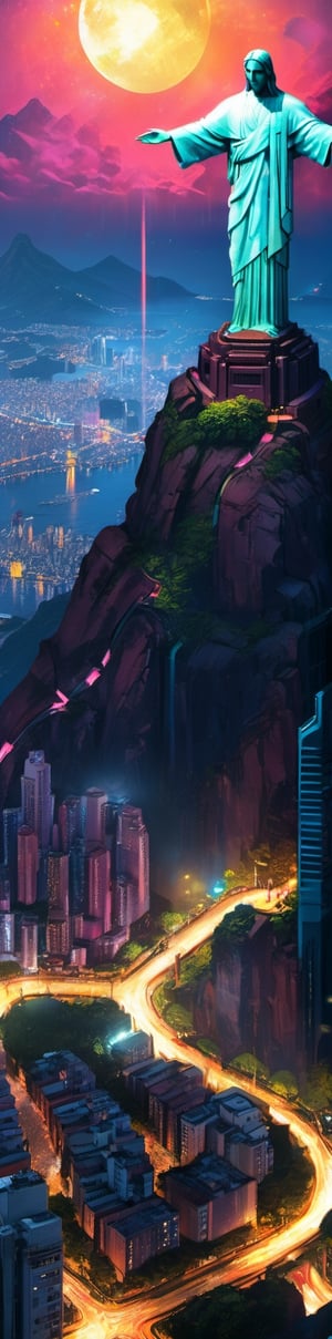 (masterpiece, top quality, best quality, official art, beautiful and aesthetic:1.2), Christ The Redeemer in a cyberpunk city in a cyberpunk theme, moonlit night, starry night, cinematic lighting, extremely detailed, highest detailed, detailed_eyes, cyberpunk style