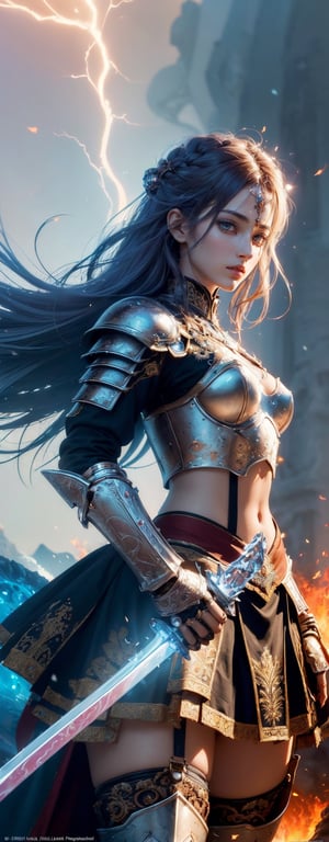 (masterpiece, top quality, best quality, official art, beautiful and aesthetic:1.2), (1girl), (warrior girl with armor and a sword), extreme detailed,(abstract, fractal art:1.3), colorful hair, highest detailed, detailed_eyes, fire, water, ice, lightning, light_particles, ghost,Indian