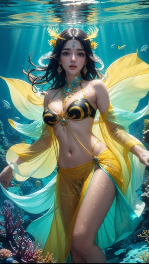 (masterpiece, top quality, best quality, official art, beautiful and aesthetic:1.2), (1girl), (A beautiful girl wearing a beautiful transparent yellow, cyan and black long transparent gown), underwater, god rays coming down, cinematic lighting, colorful various kinds of fishes swimming by, colorful ocean vegetation, contrast, extremely detailed,(abstract, fractal art:1.3), colorful flowing hair, magical, brightly light source, highest detailed, detailed_eyes, (underwater), Indian