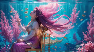 (masterpiece, top quality, best quality, official art, beautiful and aesthetic:1.2), (1girl), A beautiful girl wearing a beautiful transparent magenta gown, (sitting on a chair playing a royal piano), (side profile), underwater, god rays coming down, cinematic lighting, colorful various kinds of fishes swimming by, colorful ocean vegetation, contrast, extremely detailed,(abstract, fractal art:1.3), colorful flowing hair, magical, brightly light source, highest detailed, detailed_eyes, (underwater), Indian