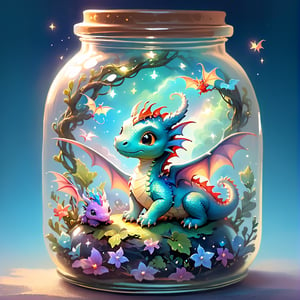 Ethereal Fantasy Concept Art: A magnificent, celestial, and painterly representation of a dreamy and magical fantasy world of cute little dragons ,in a jar,photo r3al